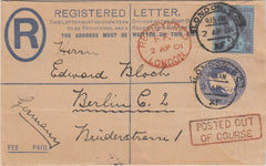 144696 1901 QV 2d BLUE REGISTERED ENVELOPE LONDON TO GERMANY UPRATED QV 2½d (SG201) 'POSTED OUT OF COURSE' HANDSTAMP.