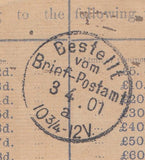 144696 1901 QV 2d BLUE REGISTERED ENVELOPE LONDON TO GERMANY UPRATED QV 2½d (SG201) 'POSTED OUT OF COURSE' HANDSTAMP.