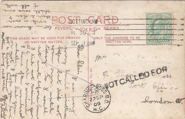 144701 1909 MAIL NOTTINGHAM TO CHARING CROSS, LONDON KEDVII ½d 'NOT CALLED FOR ' HANDSTAMP.