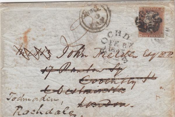 144702 1843 WRAPPER LIVERPOOL TO LONDON 1d (SG8) REDIRECTED TO TODMORDEN, ROCHDALE WITH 'MORE TO PAY' HANDSTAMP.