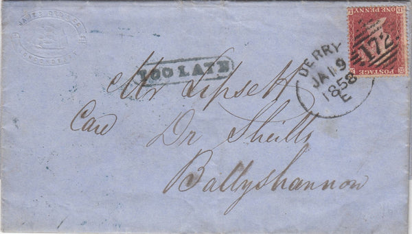 144705 1858 MAIL  LONDONDERRY TO BALLYSHANNON DIE 2 1d SCARCER PERFORATION 16 (SG36) 'DERRY/172' IRISH TYPE SPOON (RA23) AND BOXED 'TOO LATE' HANDSTAMP IN BLUE.