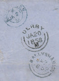 144705 1858 MAIL  LONDONDERRY TO BALLYSHANNON DIE 2 1d SCARCER PERFORATION 16 (SG36) 'DERRY/172' IRISH TYPE SPOON (RA23) AND BOXED 'TOO LATE' HANDSTAMP IN BLUE.