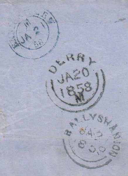 144705 1858 MAIL  LONDONDERRY TO BALLYSHANNON DIE 2 1d SCARCER PERFORATION 16 (SG36) 'DERRY/172' IRISH TYPE SPOON (RA23) AND BOXED 'TOO LATE' HANDSTAMP IN BLUE.