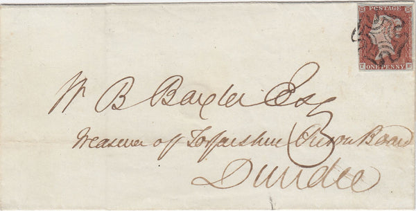 144709 1844 MAIL ARBROATH TO DUNDEE 1d (SG8) 'MAE WEST' 'TOO LATE' HANDSTAMP.