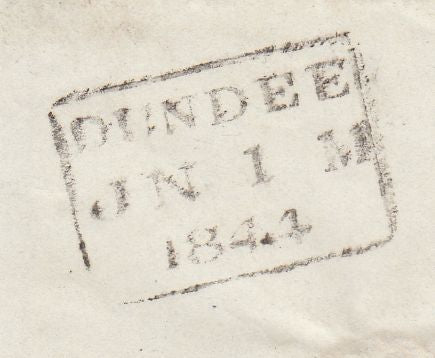 144709 1844 MAIL ARBROATH TO DUNDEE 1d (SG8) 'MAE WEST' 'TOO LATE' HANDSTAMP.