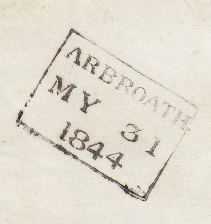 144709 1844 MAIL ARBROATH TO DUNDEE 1d (SG8) 'MAE WEST' 'TOO LATE' HANDSTAMP.