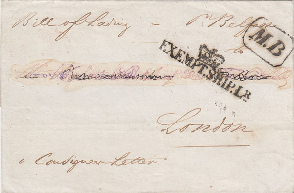 144710 1845 MAIL FROM OVERSEAS, ORIGIN UNKNOWN TO LONDON WITH 'M.B' AND 'CROWN/EXEMPT.SHIP.LR..' HANDSTAMPS (L1314).