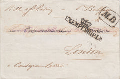144710 1845 MAIL FROM OVERSEAS, ORIGIN UNKNOWN TO LONDON WITH 'M.B' AND 'CROWN/EXEMPT.SHIP.LR..' HANDSTAMPS (L1314).