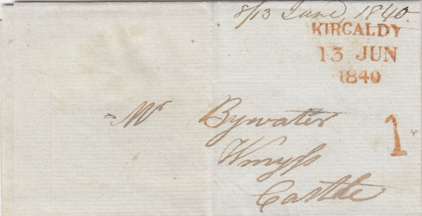 144712 1840 MAIL KIRKLAND, KIRKCALDY  TO WMYSS CASTLE, KIRKCALDY UPP '1' HANDSTAMP.