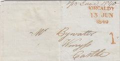 144712 1840 MAIL KIRKLAND, KIRKCALDY  TO WMYSS CASTLE, KIRKCALDY UPP '1' HANDSTAMP.
