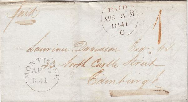144713 1841 MAIL MONTROSE TO EDINBURGH UNIFORM PENNY POST HANDSTAMP '1' IN ORANGE.