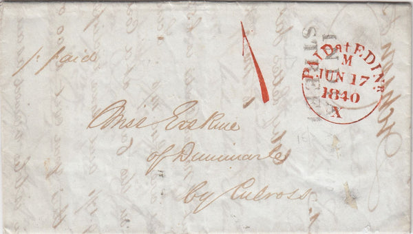 144715 1840 MAIL EDINBURGH TO DUNIMARLE, CULROSS, FIFE 'INDIA/STREET' HANDSTAMP IN BLACK AND '1' UNIFORM PENNY POST HANDSTAMP ORANGE-RED.