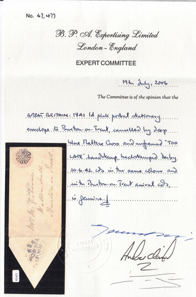 144716 1842 PENNY PINK ENVELOPE DERBY TO BURTON ON TRENT SUPERB STRIKE DEEP BLUE MALTESE CROSS OF DERBY.