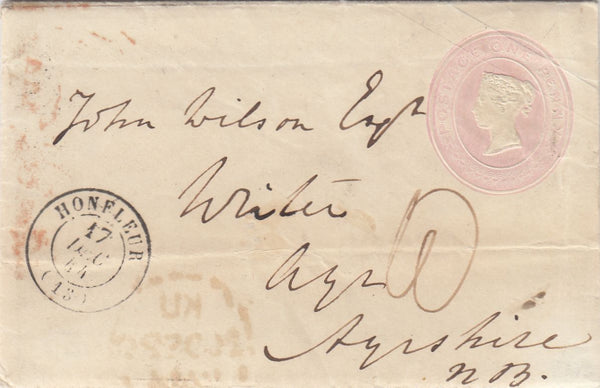 144717 1844 PENNY PINK ENVELOPE USED HONFLEUR, FRANCE TO AYR, SCOTLAND.