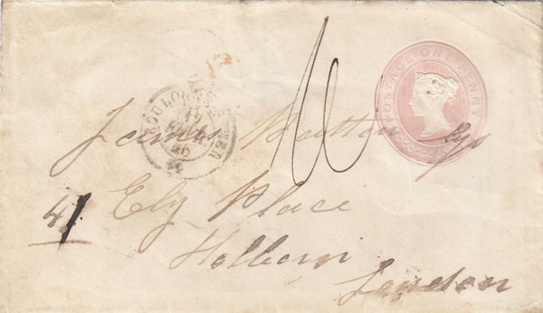 144718 1846 PENNY PINK ENVELOPE USED IN FRANCE FROM BOULOURS SUR MER TO HOLBORN, LONDON .