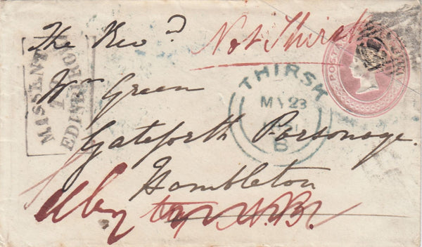 144719 1851 PENNY PINK ENVELOPE YORK TO HAMBLETON, NORTH YORKS REDIRECTED TO THIRSK WITH BOXED 'MISSENT/TO/EDINBURGH' HANDSTAMP IN BLUE.