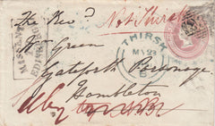 144719 1851 PENNY PINK ENVELOPE YORK TO HAMBLETON, NORTH YORKS REDIRECTED TO THIRSK WITH BOXED 'MISSENT/TO/EDINBURGH' HANDSTAMP IN BLUE.