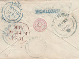 144719 1851 PENNY PINK ENVELOPE YORK TO HAMBLETON, NORTH YORKS REDIRECTED TO THIRSK WITH BOXED 'MISSENT/TO/EDINBURGH' HANDSTAMP IN BLUE.