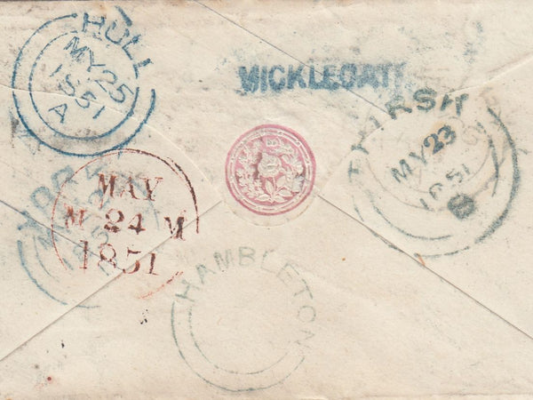 144719 1851 PENNY PINK ENVELOPE YORK TO HAMBLETON, NORTH YORKS REDIRECTED TO THIRSK WITH BOXED 'MISSENT/TO/EDINBURGH' HANDSTAMP IN BLUE.
