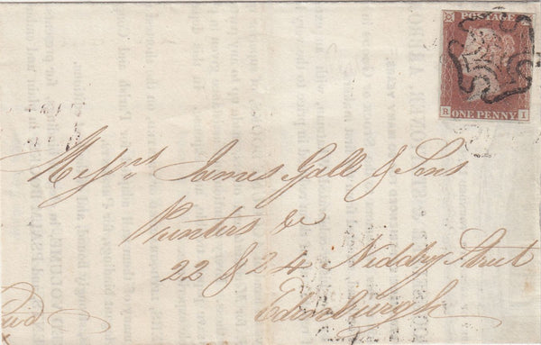 144720 1841 LARGE PART WRAPPER ARBROATH TO EDINBURGH 1d RED PLATE ELEVEN (SG7) (RI) ARBROATH MALTESE CROSS.