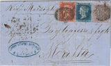 144722 1857 THREE COLOUR COMBINATION LONDON TO MALTA 1d  RED-BROWN (SG29), 2d BLUE (SG34) AND 6d LILAC (SG68).