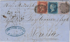 144722 1857 THREE COLOUR COMBINATION LONDON TO MALTA 1d  RED-BROWN (SG29), 2d BLUE (SG34) AND 6d LILAC (SG68).