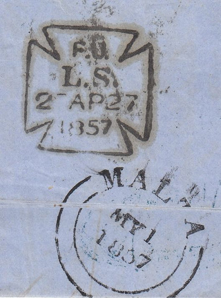 144722 1857 THREE COLOUR COMBINATION LONDON TO MALTA 1d  RED-BROWN (SG29), 2d BLUE (SG34) AND 6d LILAC (SG68).