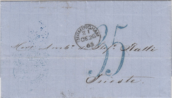 144723 1865 UNPAID MAIL BIRMINGHAM TO TRIESTE WITH '35' KREUZER CHARGEMARK/HANDSTAMP IN BLUE.