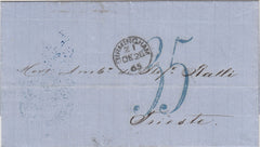 144723 1865 UNPAID MAIL BIRMINGHAM TO TRIESTE WITH '35' KREUZER CHARGEMARK/HANDSTAMP IN BLUE.