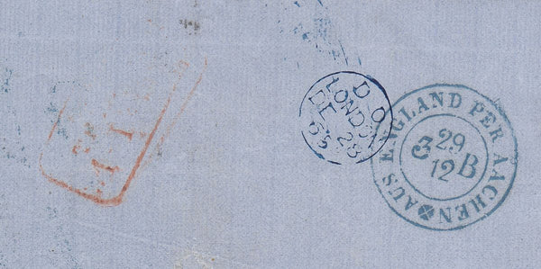 144723 1865 UNPAID MAIL BIRMINGHAM TO TRIESTE WITH '35' KREUZER CHARGEMARK/HANDSTAMP IN BLUE.