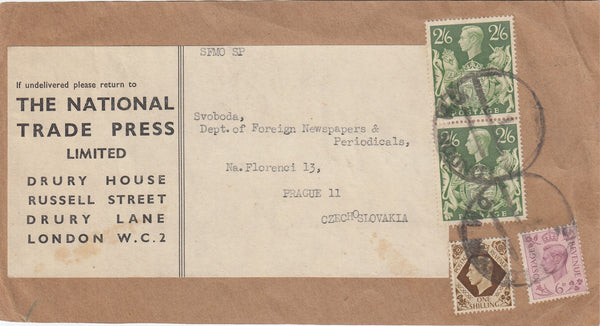 144724 CIRCA 1946 PARCEL LABEL LONDON TO PRAGUE, CZECHOSLOVAKIA KGVI 6d, 1s AND 2/6 YELLOW-GREEN (SG476b) x TWO.