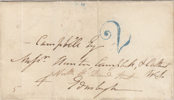 144728 1834 MAIL LEITH TO EDINBURGH, UNPAID WITH LEITH HANDSTAMP '2' CHARGEMARK IN BLUE.