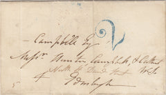 144728 1834 MAIL LEITH TO EDINBURGH, UNPAID WITH LEITH HANDSTAMP '2' CHARGEMARK IN BLUE.