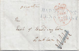 144730 1835 FREE MAIL HADDINGTON, EAST LOTHIAN TO DUBLIN 'HADDINGTON/PENNY POST' HANDSTAMP AND '1' CHARGEMARK BOTH IN BLUE.