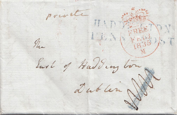 144730 1835 FREE MAIL HADDINGTON, EAST LOTHIAN TO DUBLIN 'HADDINGTON/PENNY POST' HANDSTAMP AND '1' CHARGEMARK BOTH IN BLUE.
