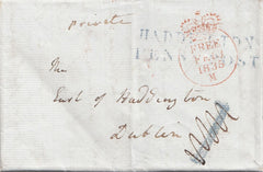 144730 1835 FREE MAIL HADDINGTON, EAST LOTHIAN TO DUBLIN 'HADDINGTON/PENNY POST' HANDSTAMP AND '1' CHARGEMARK BOTH IN BLUE.