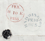 144730 1835 FREE MAIL HADDINGTON, EAST LOTHIAN TO DUBLIN 'HADDINGTON/PENNY POST' HANDSTAMP AND '1' CHARGEMARK BOTH IN BLUE.