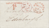 144732 1848 MAIL DROGHEDA TO EDINBURGH WITH VERY FINE 'PAID AT DROGHEDA/1d' HANDSTAMP IN RED.