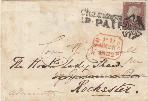 144733 1842 MAIL USED IN LONDON CHARING CROSS POST PAID CASH REDIRECTED TO ROCHESTER 1d (SG8)(NE).