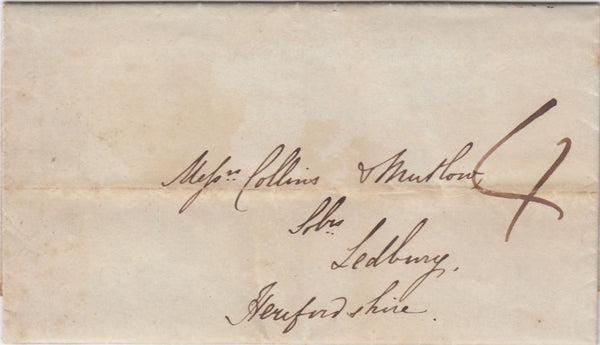 144738 1839 UNIFORM FOURPENNY POST LONDON TO LEDBURY, HEREFORDSHIRE WITH MANUSCRIPT '4'.