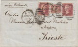 144740 1875 MAIL LONDON TO TRIESTE 1d PL.145 (SG43) x 2, ½d PL.10 (SG48).