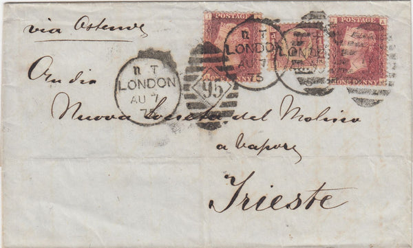 144740 1875 MAIL LONDON TO TRIESTE 1d PL.145 (SG43) x 2, ½d PL.10 (SG48).