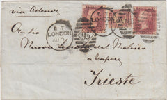 144740 1875 MAIL LONDON TO TRIESTE 1d PL.145 (SG43) x 2, ½d PL.10 (SG48).