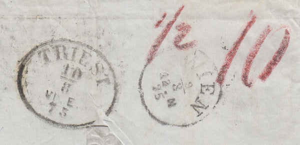 144740 1875 MAIL LONDON TO TRIESTE 1d PL.145 (SG43) x 2, ½d PL.10 (SG48).