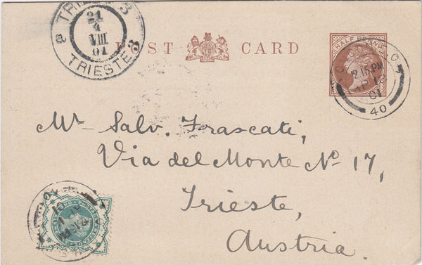 144742 1901 QV ½d BROWN POSTCARD LONDON TO TRIESTE, AUSTRIA UPRATED ½d BLUE-GREEN (SG213).