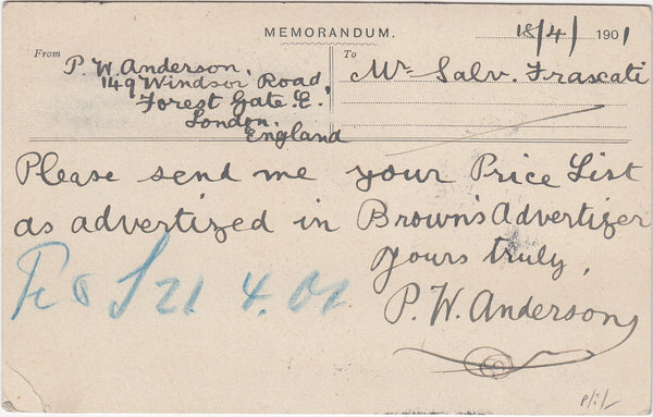 144742 1901 QV ½d BROWN POSTCARD LONDON TO TRIESTE, AUSTRIA UPRATED ½d BLUE-GREEN (SG213).
