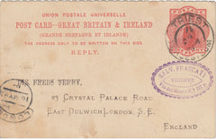 144743 1895 1d SCARLET UPU REPLY PAID POSTCARD TRIEST TO ENGLAND, EX STAMP DEALER.