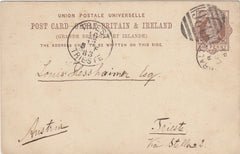 144744 1883 QV 1d BROWN POSTCARD GIBRALTAR TO TRIESTE CANCELLED 'GIBRALTAR/A26' DUPLEX.
