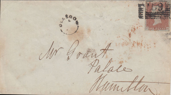 144745 1849 MAIL GLASGOW TO HAMILTON 1d (SG8) 'GLASGOW/L' CIRCULAR HANDSTAMP.