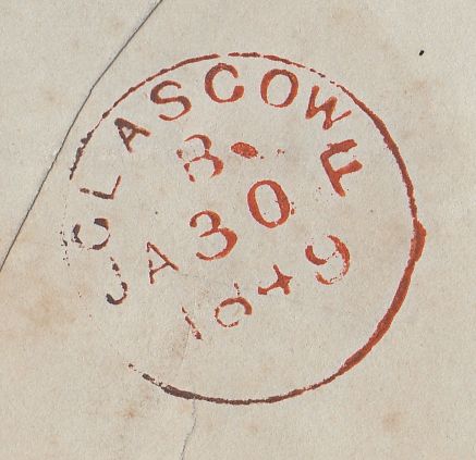 144745 1849 MAIL GLASGOW TO HAMILTON 1d (SG8) 'GLASGOW/L' CIRCULAR HANDSTAMP.